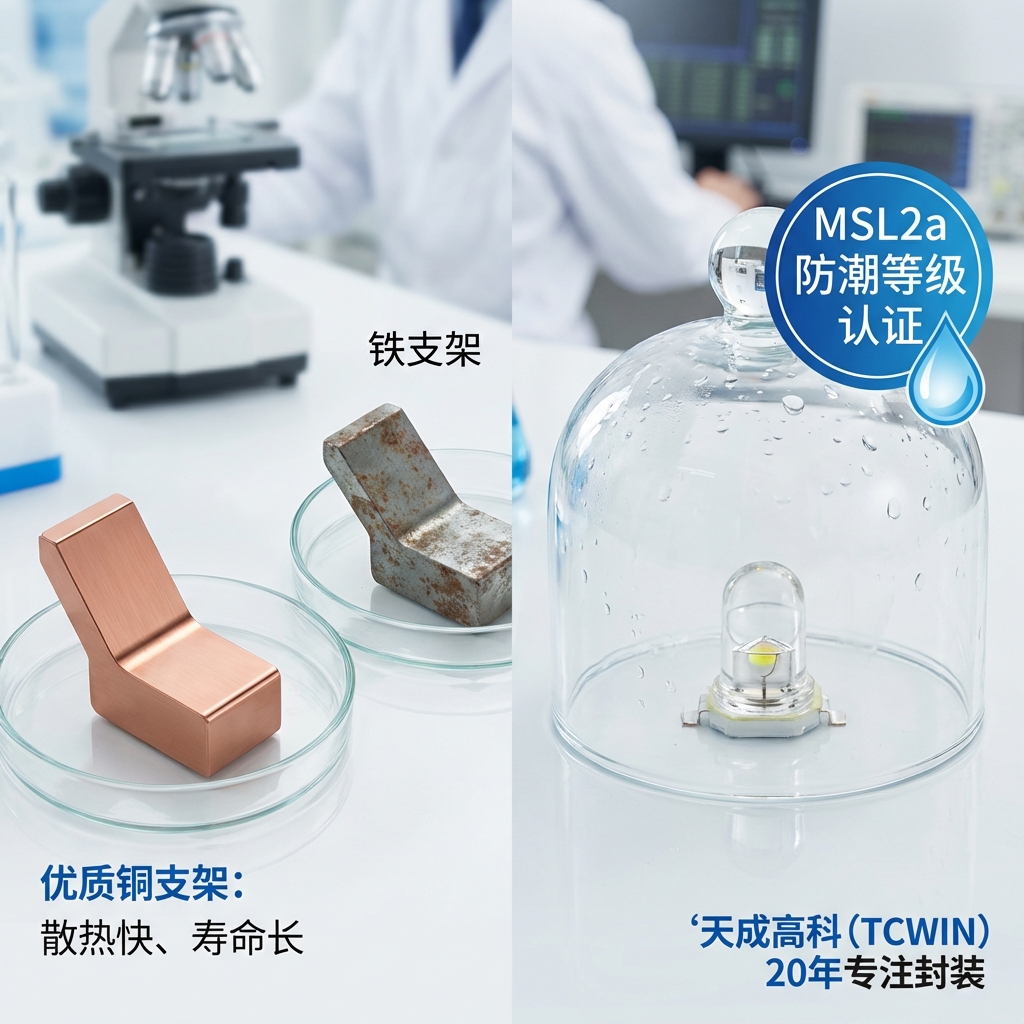 一张展示高质量灯珠特点的图片，左侧对比优质铜支架和劣质铁支架，右侧展示MSL2a防潮等级的灯珠在潮湿环境下稳定工作，并带有天成高科品牌Logo。