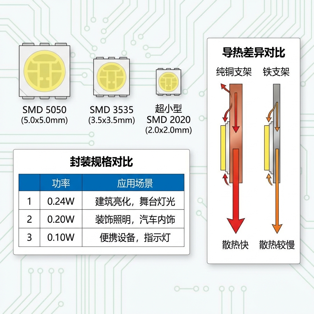 主流幻彩灯珠封装尺寸（5050、3535、2020）对比图，并示意铜支架与铁支架的散热差异。