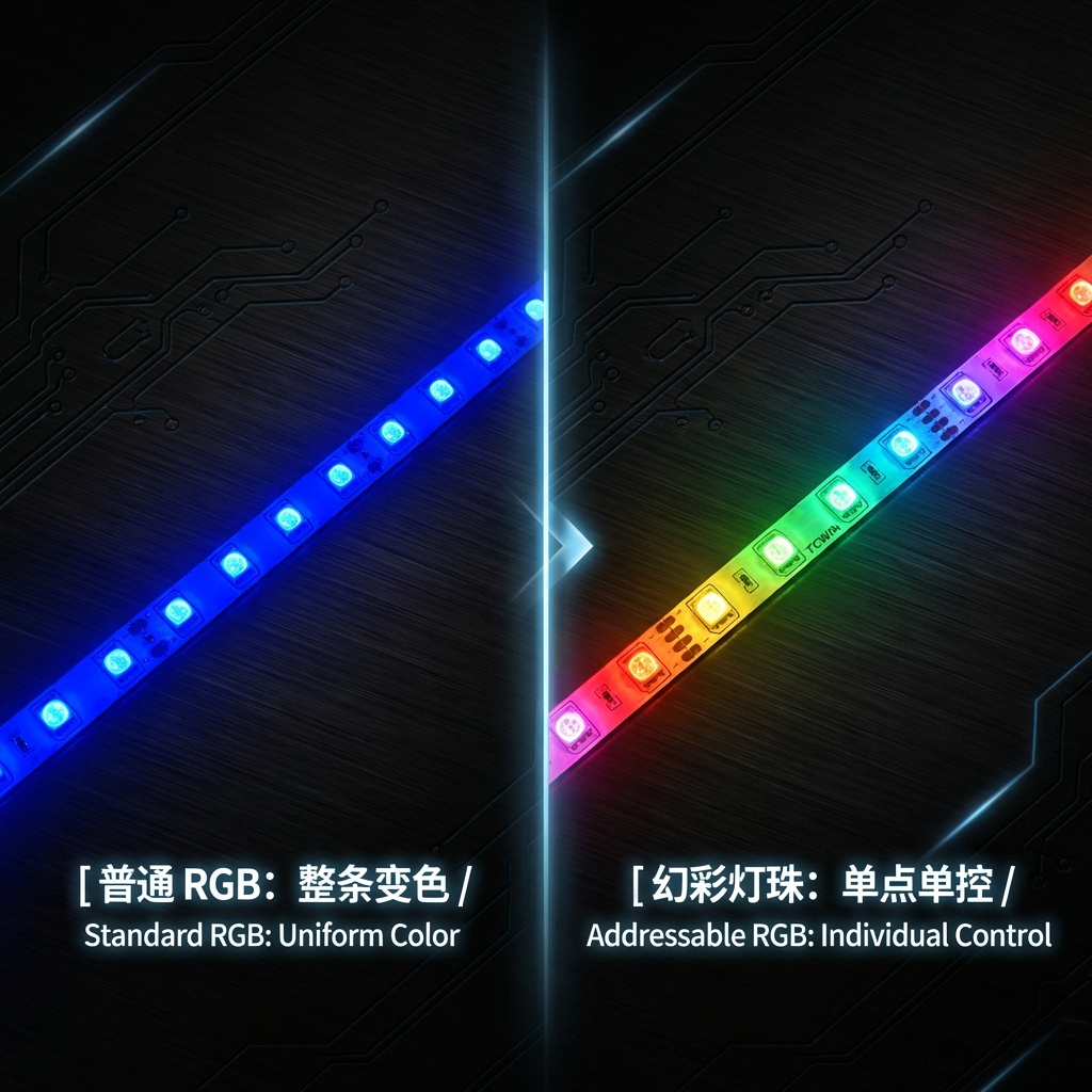 普通 RGB 灯带与幻彩灯带的视觉效果对比，左侧为统一蓝色的普通 RGB，右侧为彩虹渐变流动的幻彩灯带，直观展示单点单控的优势。