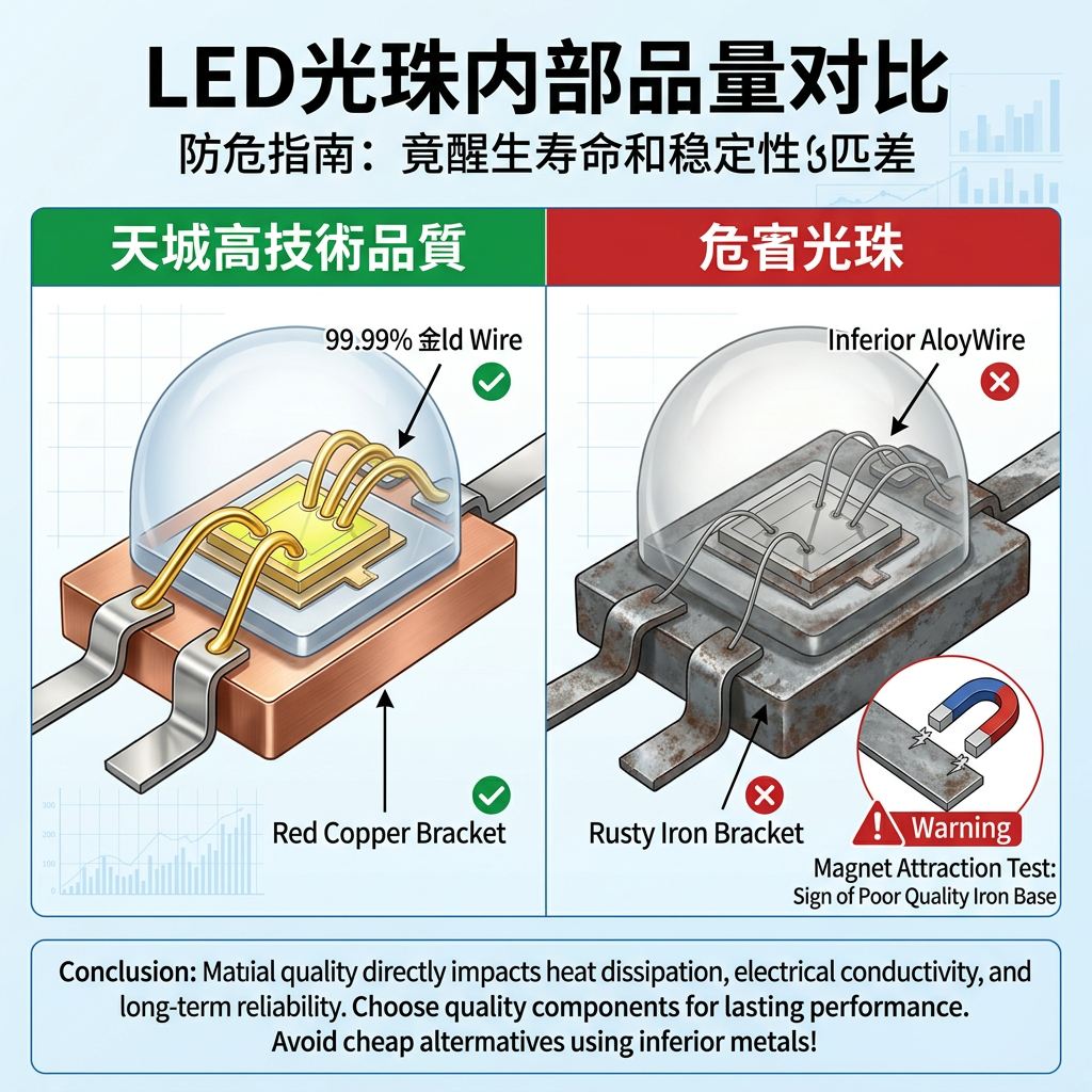 一张灯珠内部构造的显微对比图,左侧'天成高科品质'展示99.99%纯金线连接和红铜支架,右侧'劣质灯珠'展示暗淡的合金线和易生锈的铁支架,通过材质对比揭示灯珠品质差异,用于鉴别好坏。