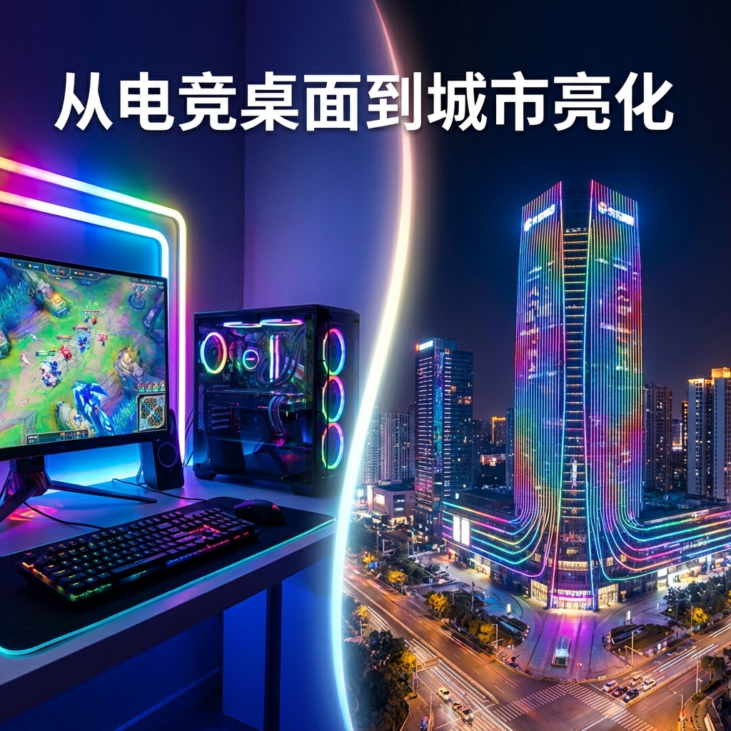 一张对比图，左侧是充满幻彩灯光效果的电竞房，右侧是夜晚被幻彩灯带点亮的城市大楼，展示5050幻彩灯珠在电竞和城市亮化中的应用。