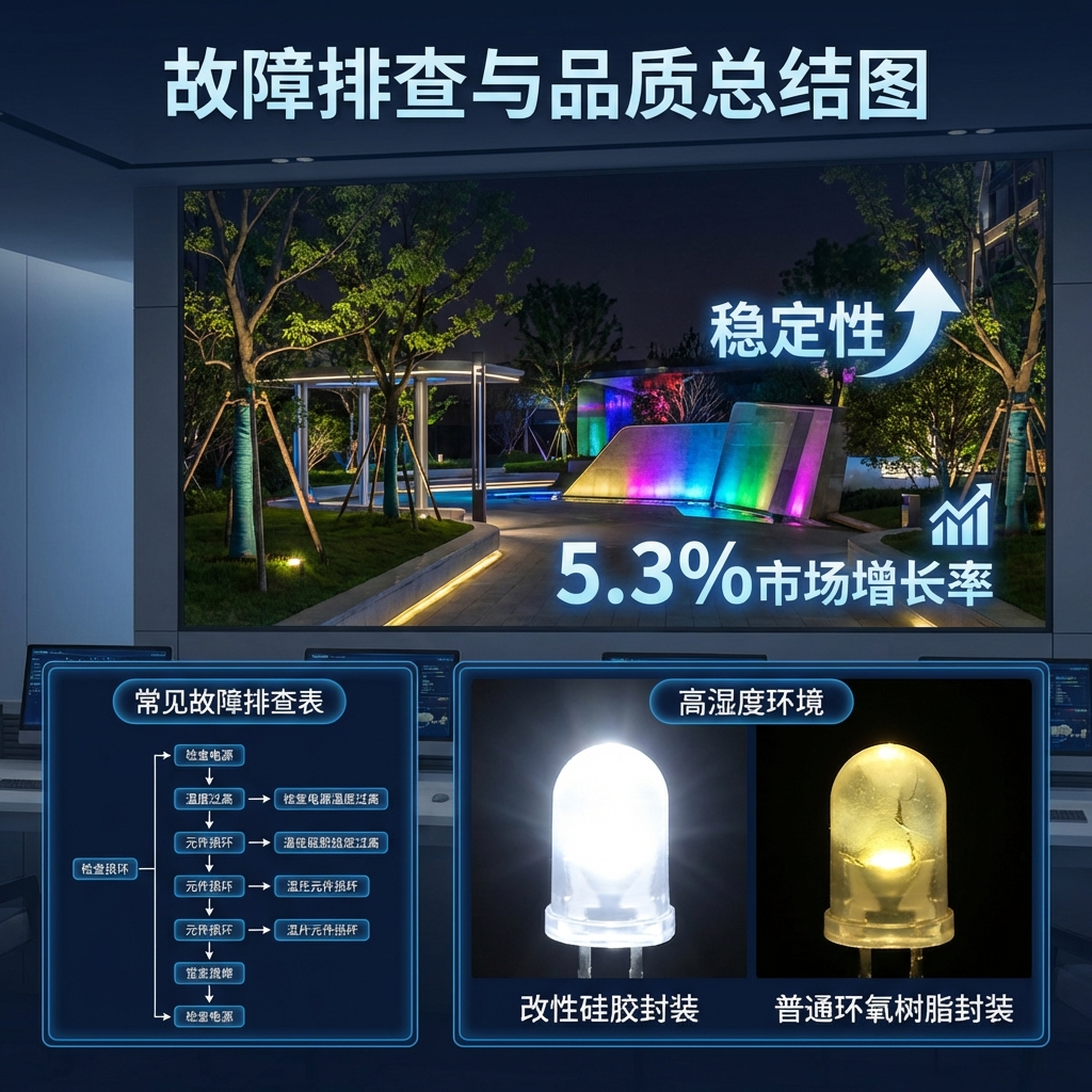 幻彩灯珠常见故障排查表及改性硅胶与环氧树脂封装老化对比，强调产品稳定性与市场趋势。