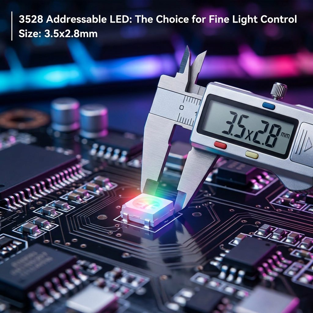 一张宏观摄影的3528幻彩灯珠,放置在PCB板上,旁边有精密卡尺显示其3.5x2.8mm尺寸,发光呈现RGB效果,背景是电竞房流动的幻彩灯带,上方标注'3528幻彩灯珠:精细控光之选',突显其小巧与科技感。