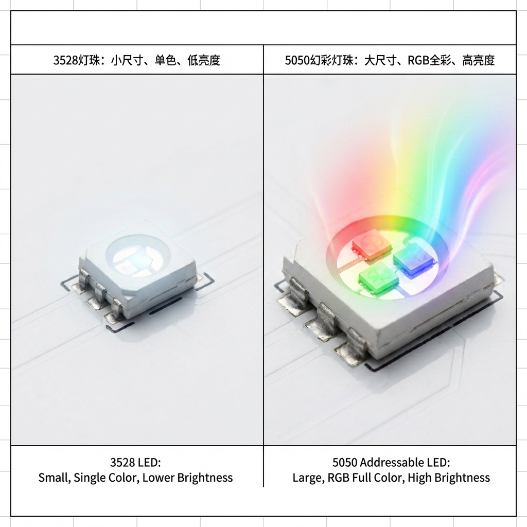 一张对比图，左侧是小尺寸、单色、低亮度的3528灯珠特写，右侧是大尺寸、RGB全彩、高亮度的5050幻彩灯珠特写，直观展示两者的外观和发光差异。