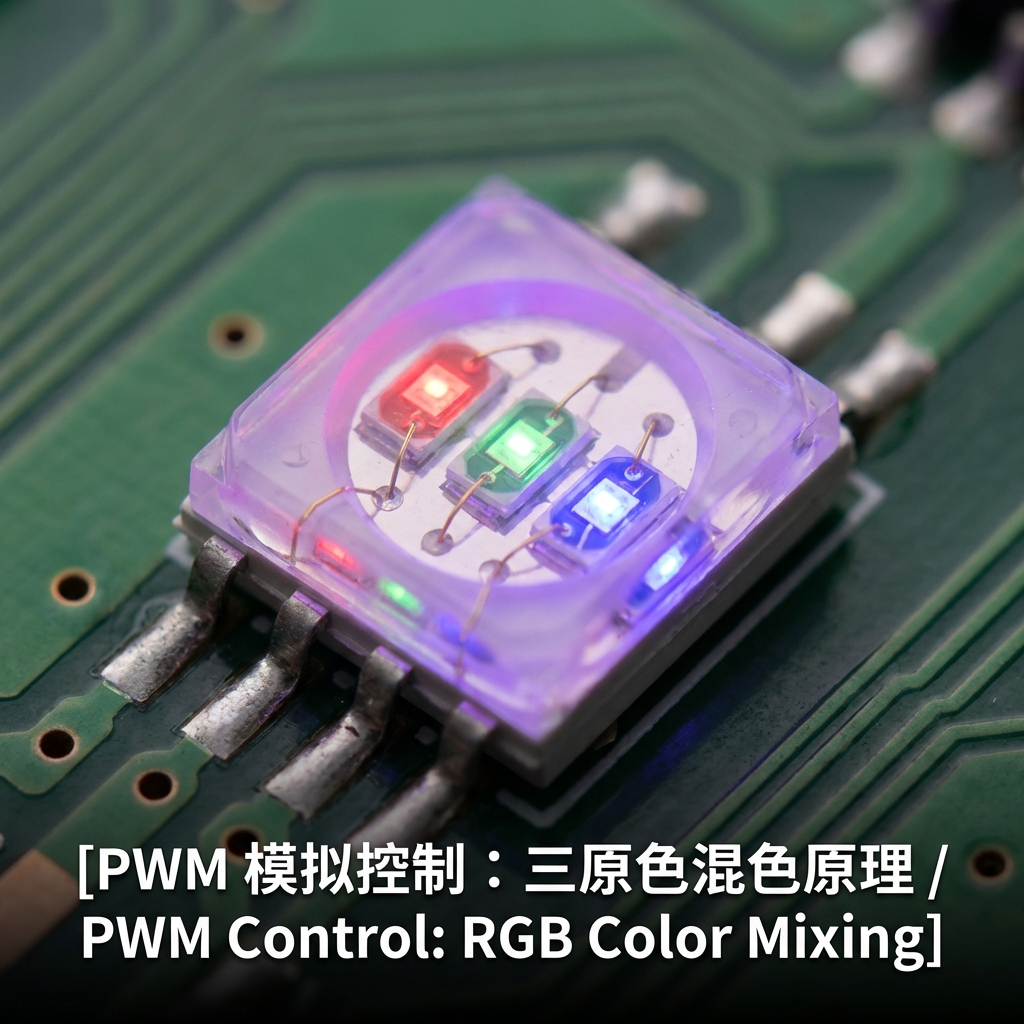 一颗 5050 普通 RGB 灯珠的微距特写，展示其内部红、绿、蓝三色发光芯片及四根引脚，解释 PWM 模拟控制和三原色混色原理。