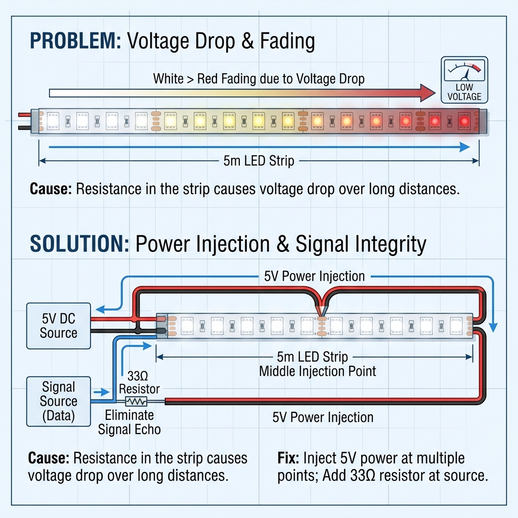 幻彩灯带压降导致末端偏色及电源注入（Power Injection）解决方案示意图，包含信号线阻抗匹配电阻。